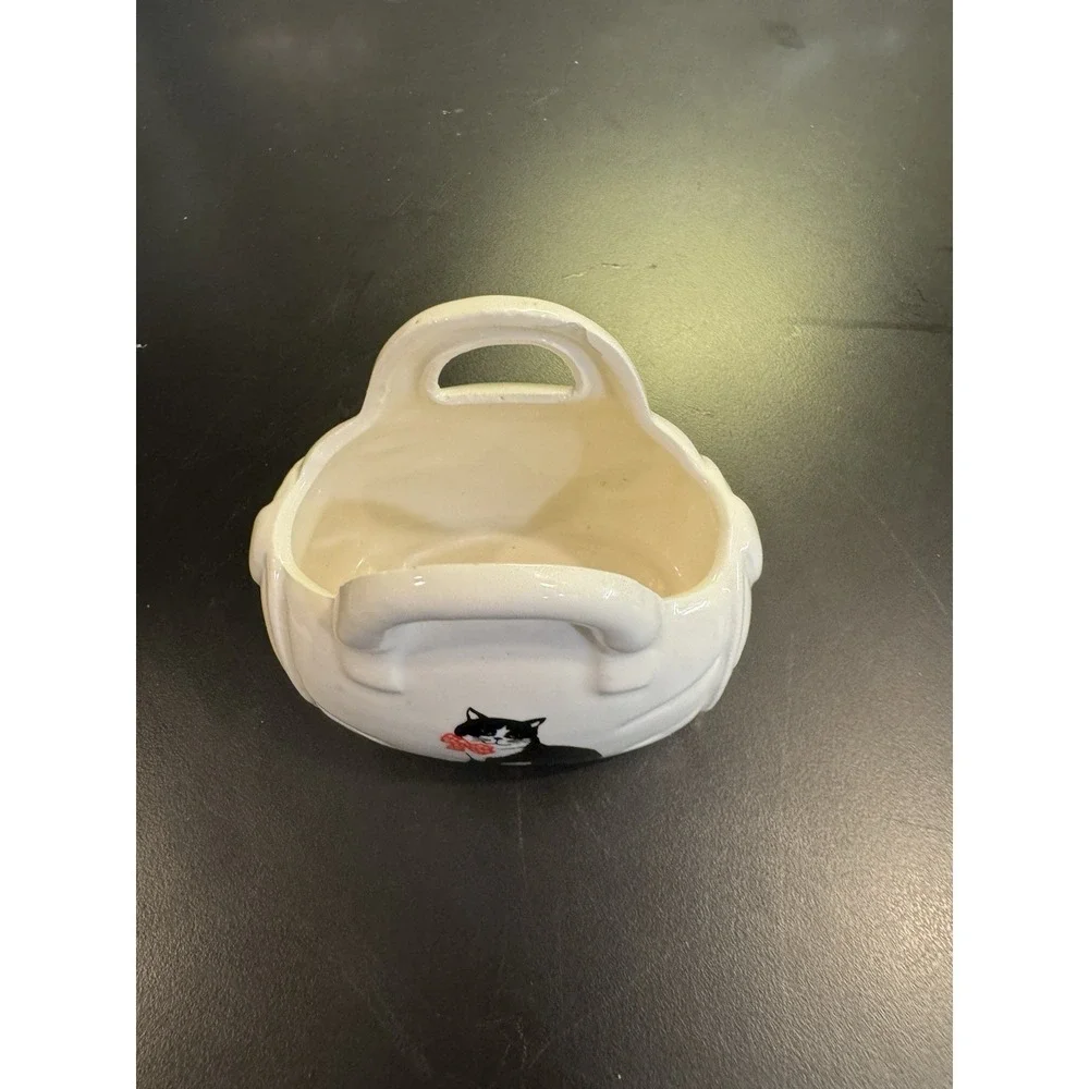 Vintage Cat Figurine Planter Black and White Tuxedo‎ Cat On Purse Shaped Holder